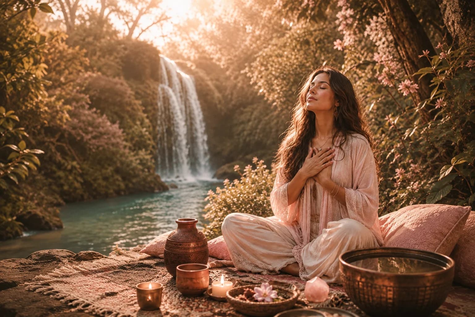 En kvinna i djup meditation vid ett vattenfall med händerna över hjärtat och ceremoniella ljus i varmt solljus