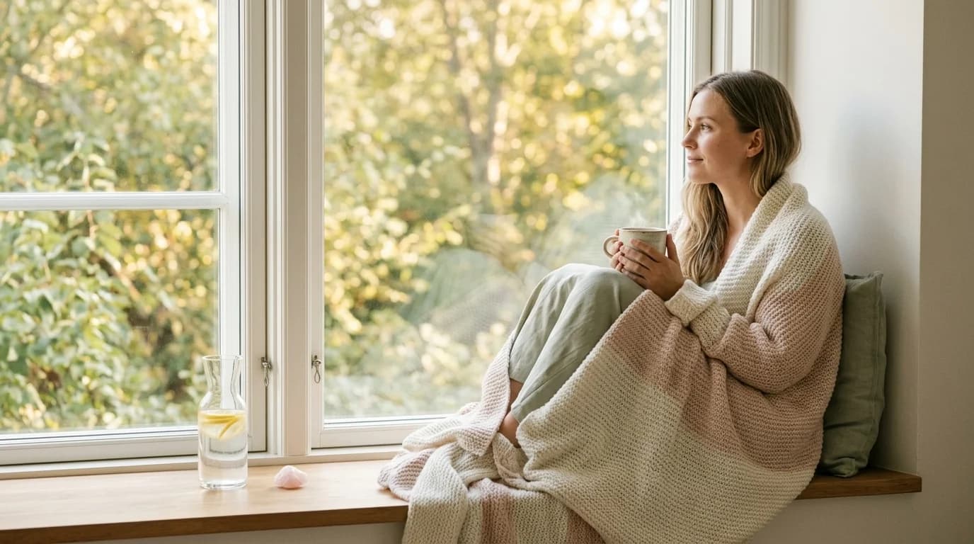 Kvinna som vilar i mjukt naturligt ljus efter en stund av återhämtning