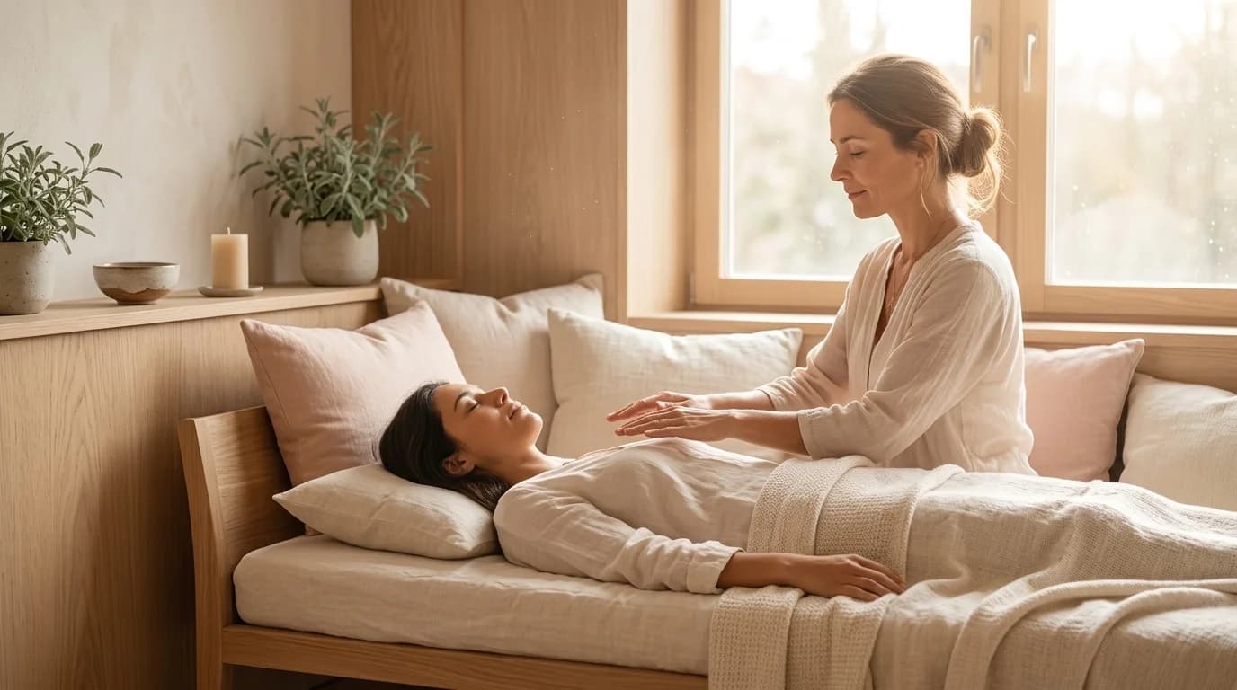 Lugn healingsession med händer nära kroppen i en varm och jordnära miljö